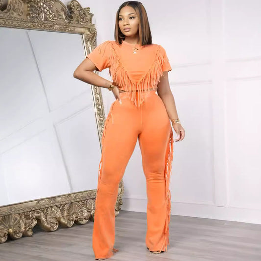 Tassel Fringe Design Short Sleeve Women's Crop Top + Wide Leg Pants Suit 2-Piece Set
