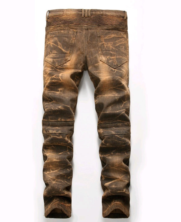 Men's Denim Gradient Washed Ribbed Ruched Ripped Zipper Pocket Skinny Jeans