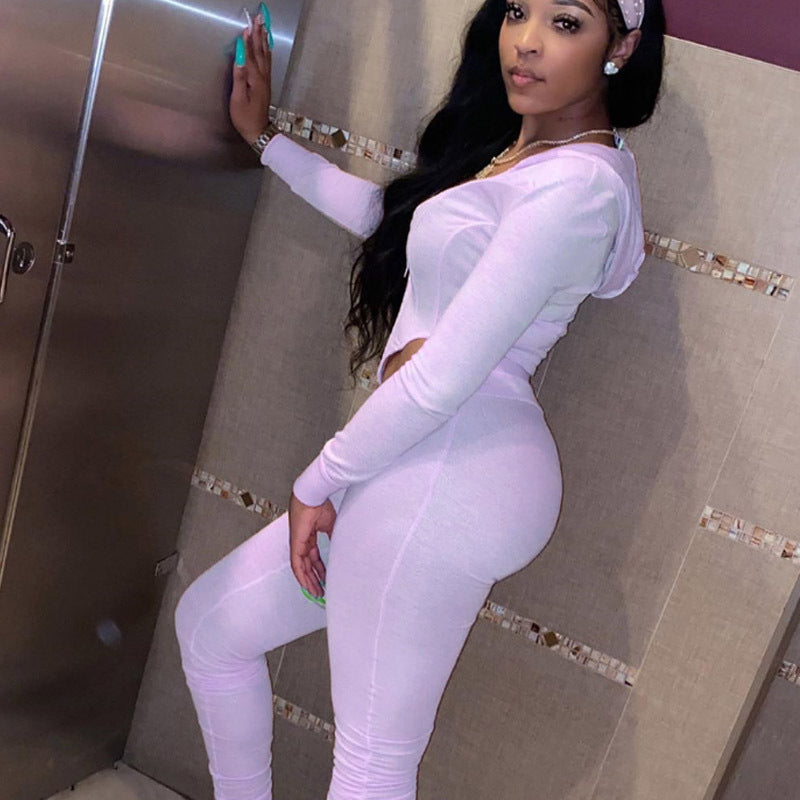 Pleated Women's Long Sleeve Cardigan Hoodie Sweat Jacket + Skinny Leggings Tracksuit