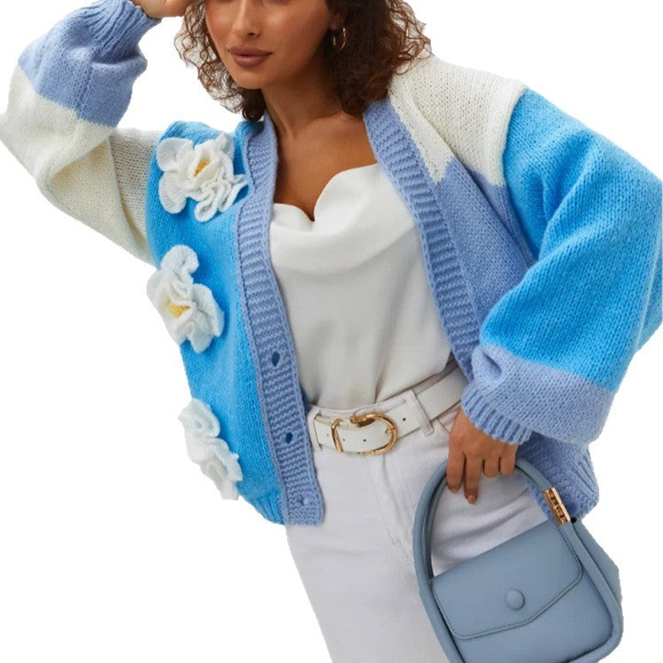 Blue/White Big Flower Embroidered Lantern Sleeve Women's Cardigan Sweater