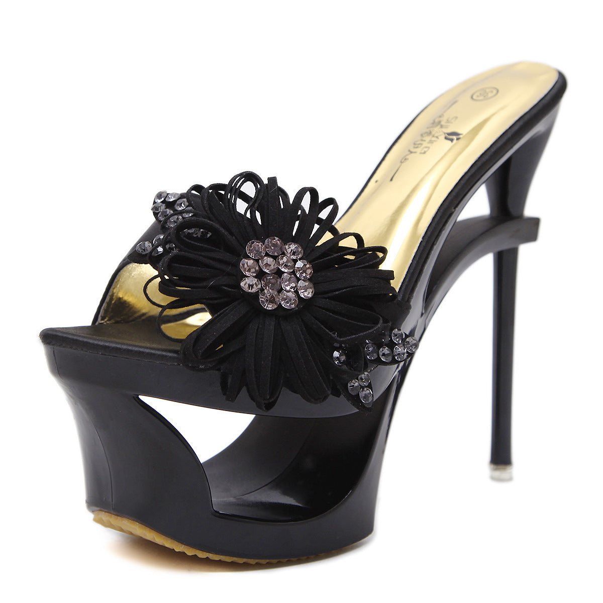 Metallic Rhinestone Flower Design Open Toe Stiletto Heel Fishmouth Sandal Pumps