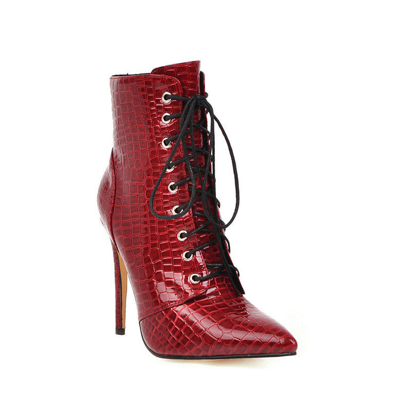 Croc Pattern Patent Leather Stiletto Heel Solid Color Lace-Up Women's Ankle Boots