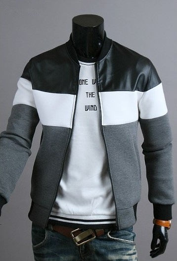 Men's Hip-Hop Black/White/Grey Striped Colorblock O-Neck Zipper Bomber Jacket
