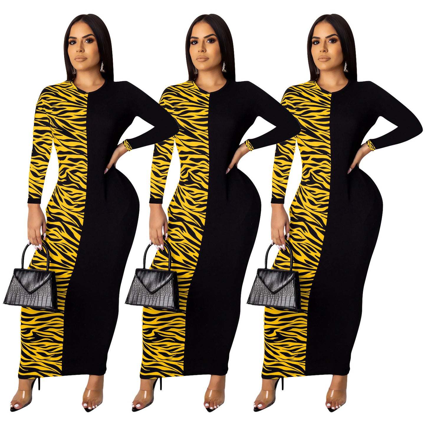 Zebra Colorblock Pattern Patchwork Long Sleeve Maxi Dress