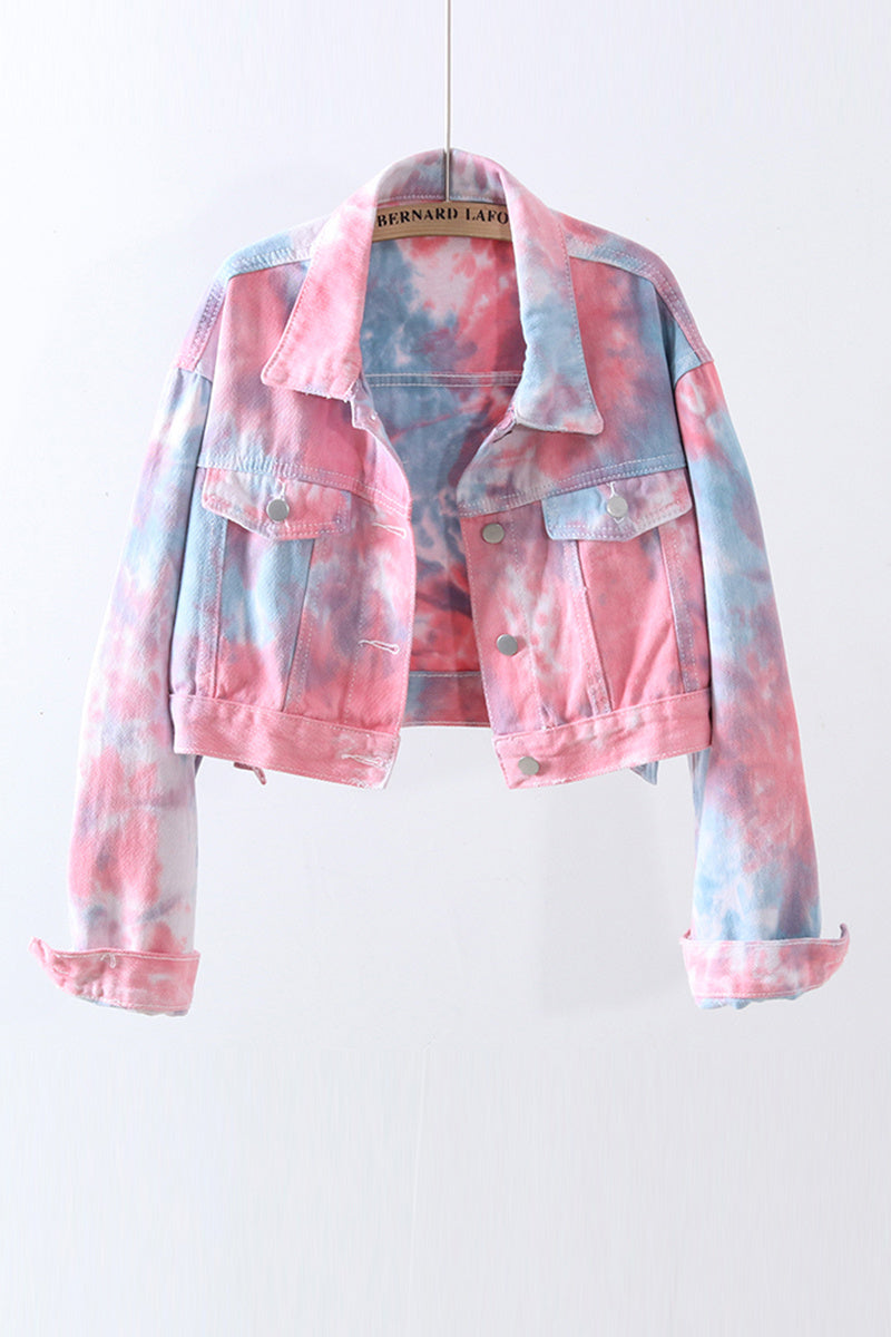 Tie-Dye Pink/Baby Blue Denim Short Women's Crop Jean Jacket