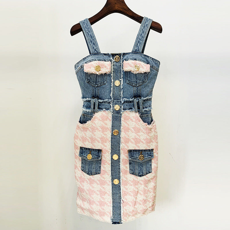 Knitted Houndstooth Denim Fleece Multi-Pocketed Patchwork Tassel Fringe Sling Mini Tank Jean Dress