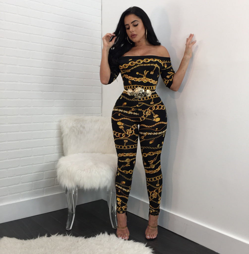 Black/Yellow Baroque Chain Printed Off-the-Shoulder Bodycon Short Sleeve Jumpsuit