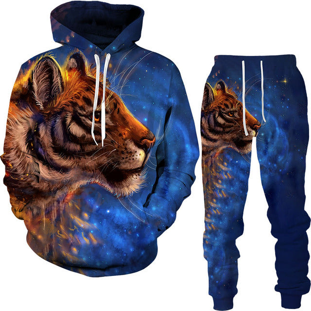 Men's 3D Lion King Print Drawstring Hoodie Sweatshirt + Sweatpants Tracksuit