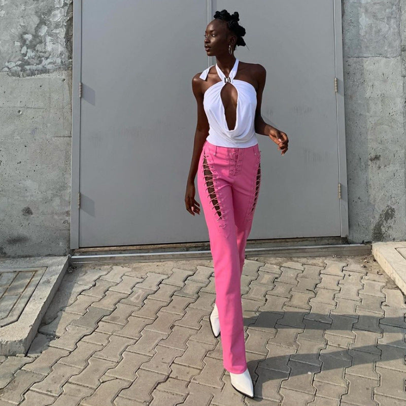 Hollow-Out Faux Leather Straight Women's Ankle Pants