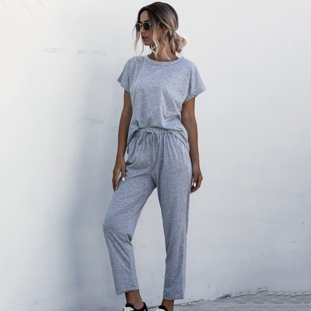 Round Neck Solid Color Short Sleeve Women's T-Shirt + Casual Pants 2-Piece Set to 3X Plus Size