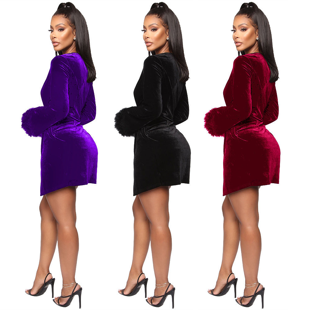 Velvet Deep V-Neck Knotted Flared Sleeve Mini Formal/Prom Dress