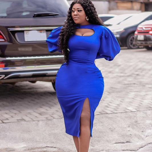 Puff Balloon Sleeve Hollow-Out High Slit Solid Color African Midi Dress to 3X Plus Size
