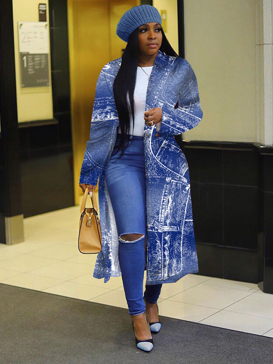 Colorblock Digital Faux Denim Print Double Breasted Women's Open Maxi Cardigan to 5X Plus Size