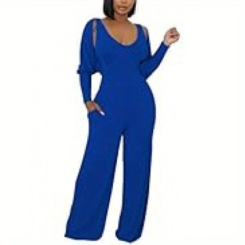 Ribbed Knitted Solid Color Batwing Sleeve Blazer + U-Neck Women's Sleeveless Jumpsuit 2-Piece Set