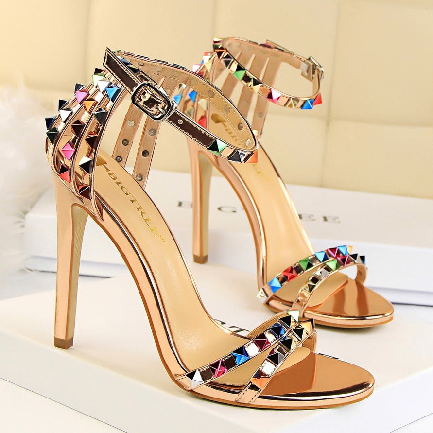 Open Toe Cut-Out Rainbow Tassel Fringe Buckle Strap Stiletto Heel Sandal Pumps