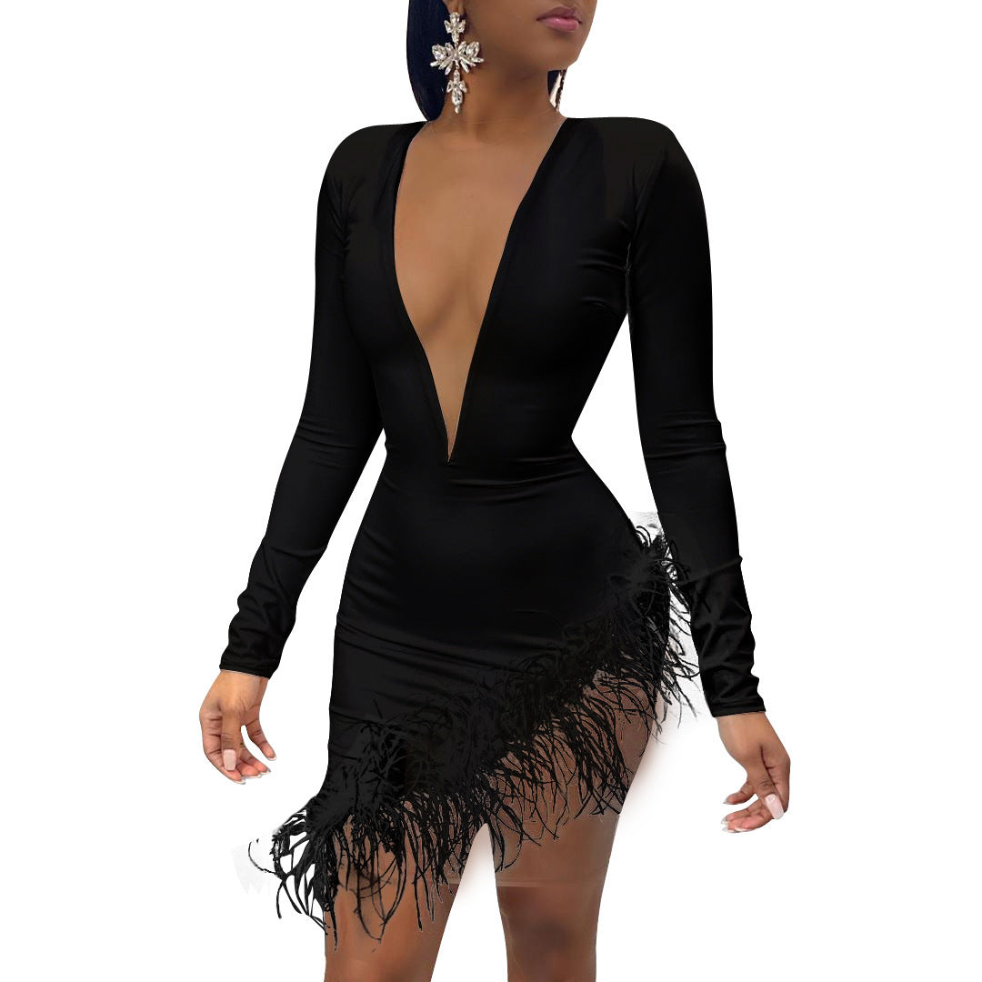 Fashion women's feather mesh patchwork dress