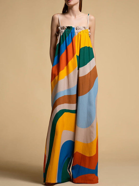 Abstract Geometric Print Women's Sleeveless Halter Neck Wide Leg Jumpsuit