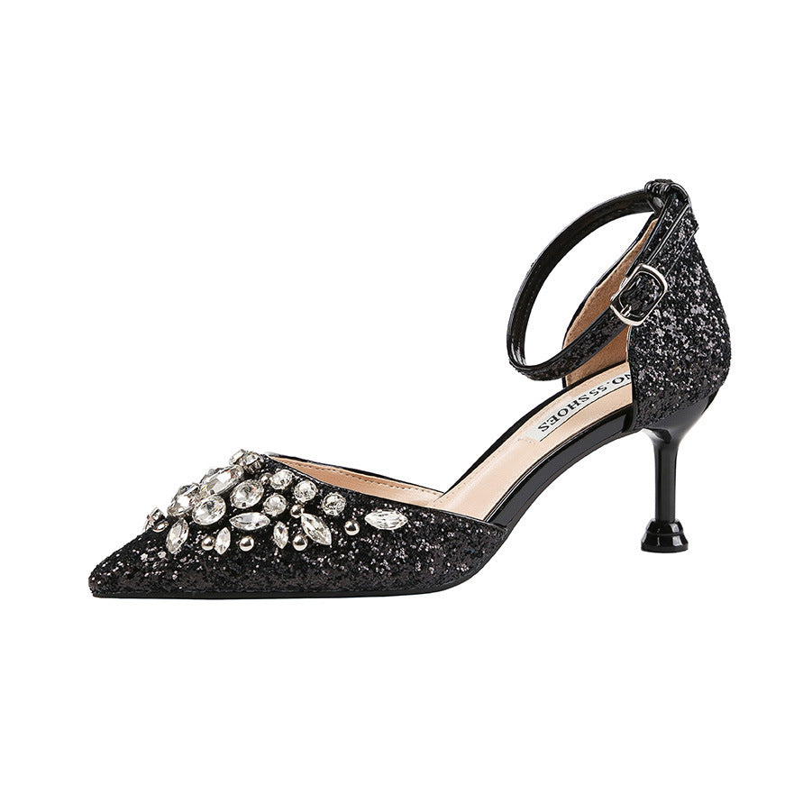 Rhinestone Metallic Glitter Slingback Ankle Strap Women's Pointed Toe High Heel Mule Pumps