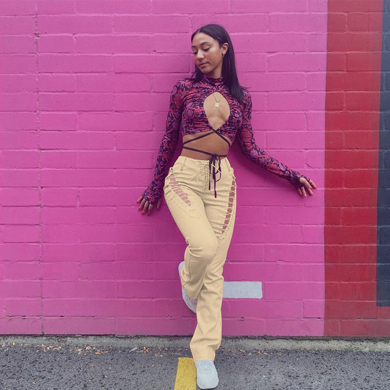 Hollow-Out Faux Leather Straight Women's Ankle Pants