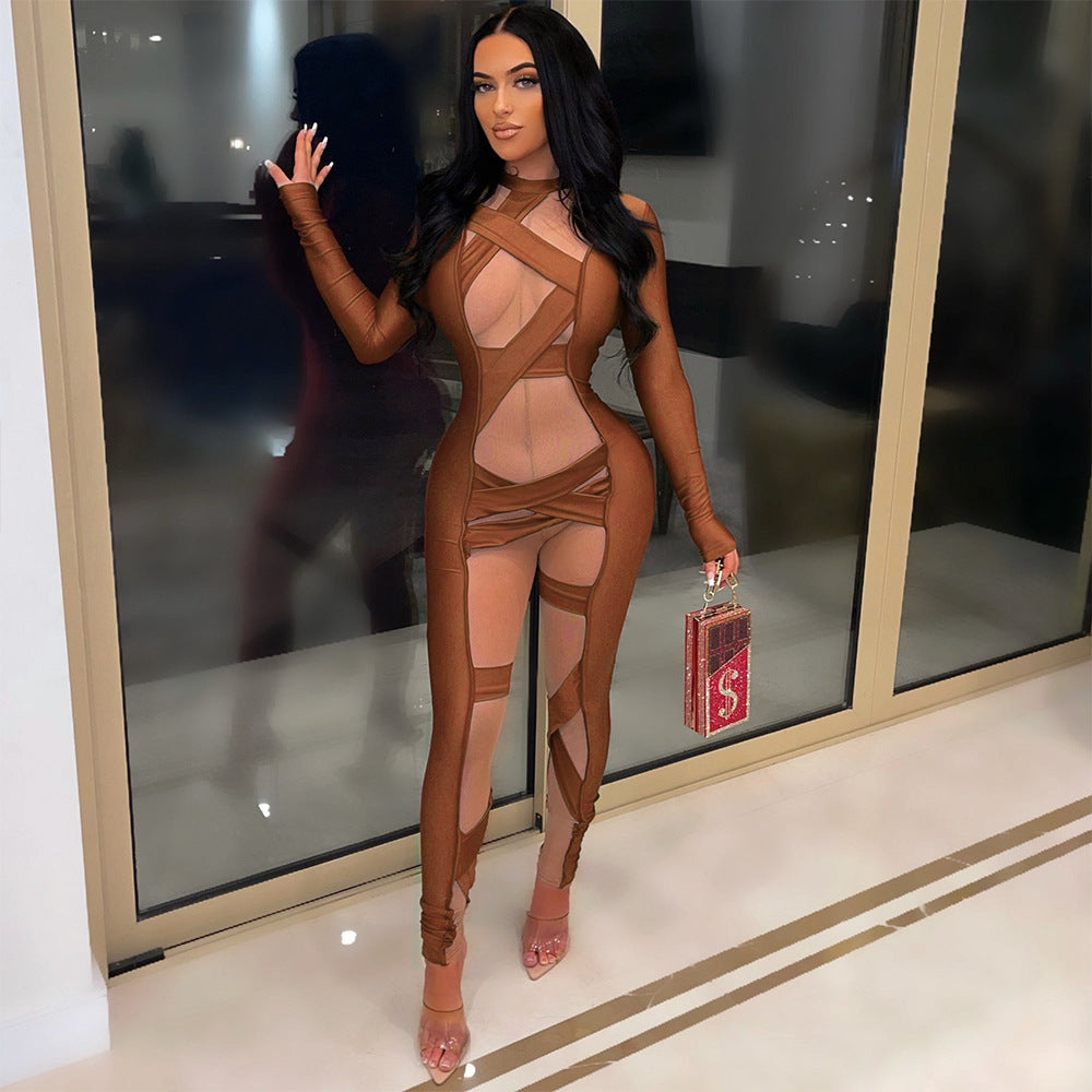 Criss-Cross Stitch Hollow-Out Women's Long Sleeve Skin Tight Jumpsuit