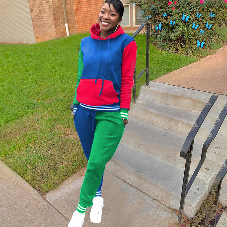 Colorblock Red/Blue/Green Women's Casual Sports Hoodie Sweatshirt + 2-Tone Jogger Sweatpants 2-Piece Tracksuit