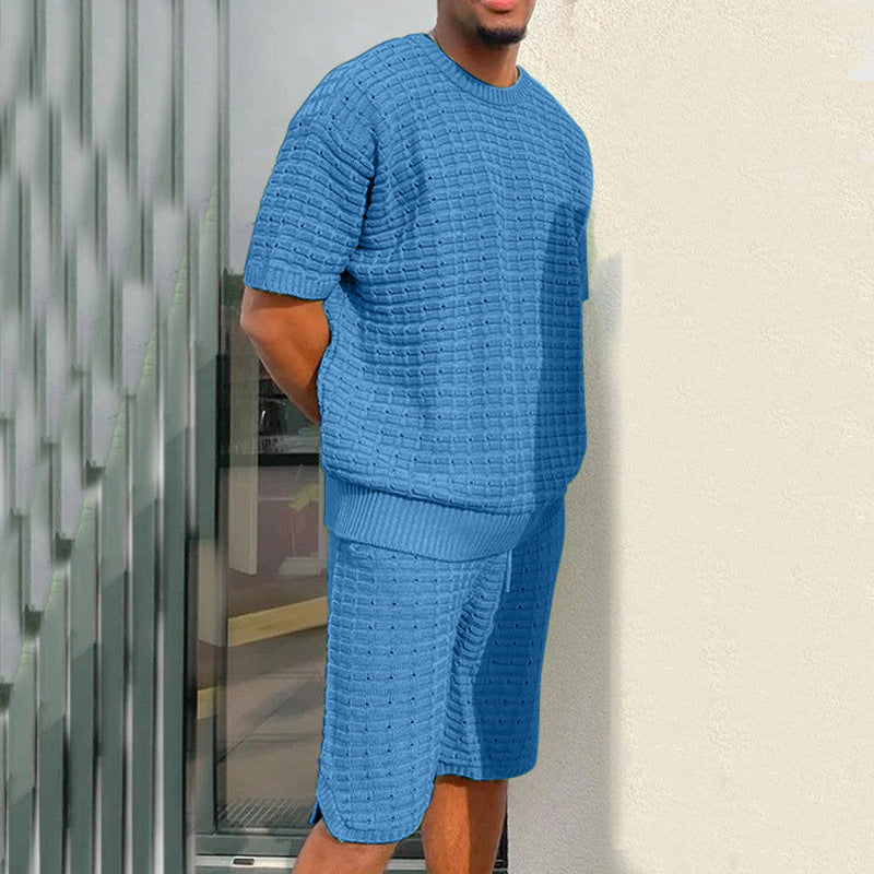 Men's Knitted Waffle Pattern Solid Color O-Neck T-Shirt w/ Shorts 2-Piece Set