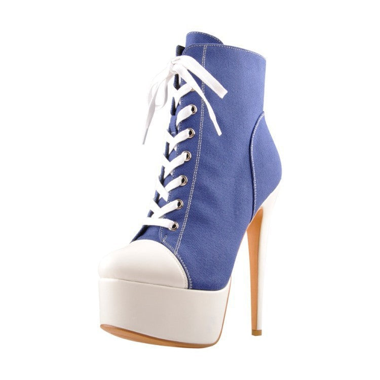 Lace-Up Women's Round Toe High Platform Denim Stiletto Heel Ankle Boots