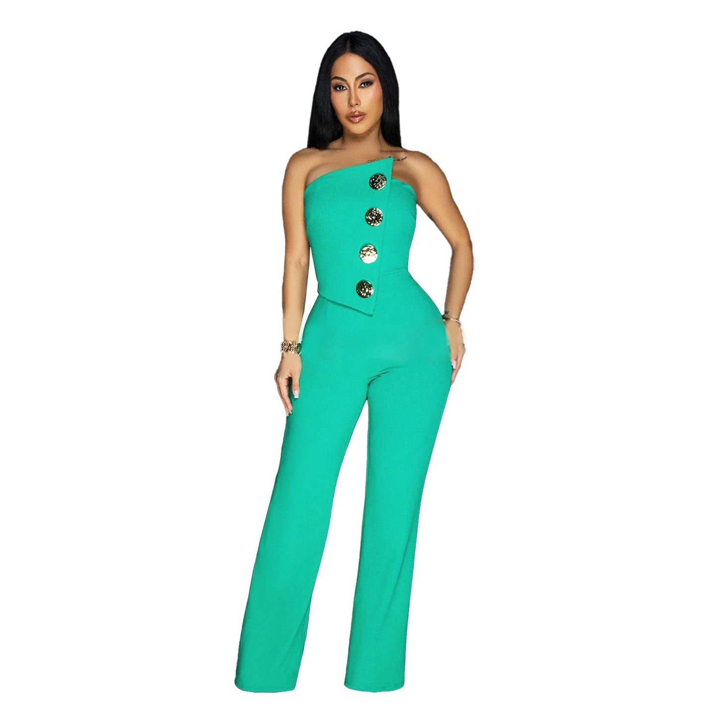 Sleeveless Big Button Detail Solid Color Women's Tube Top Jumpsuit