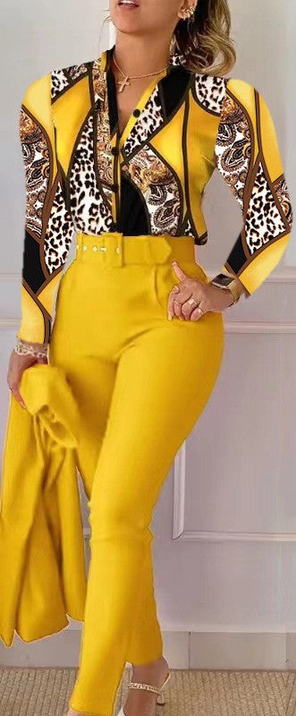 Floral/Geometric/Baroque/Colorblock Gradient Print Long Sleeve Blouse + Solid Color Pants w/ Belt 2-Piece Office Attire Set