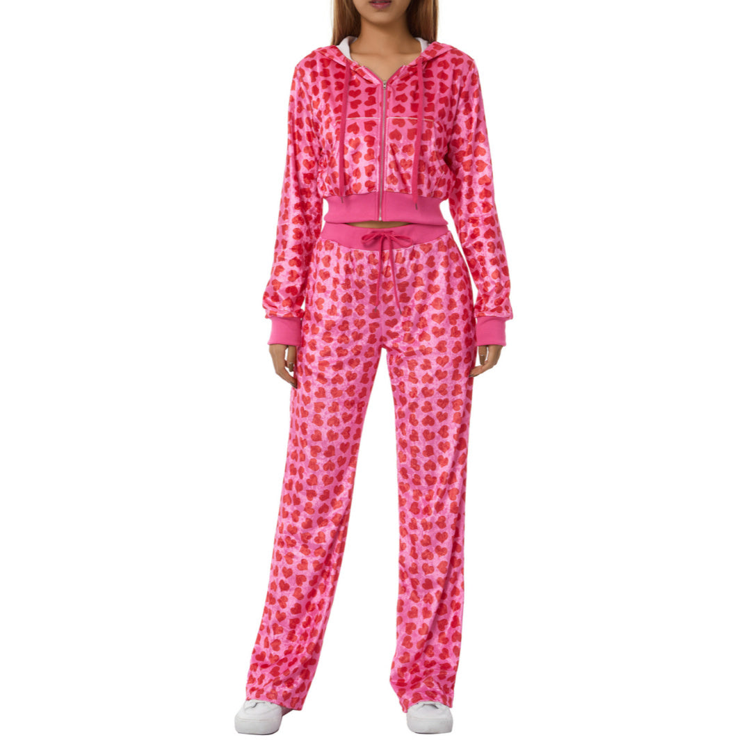 Velvet Pink/Red Heart Print Women's Hoodie Zipper Sports Jacket + Drawstring Sweatpants Tracksuit