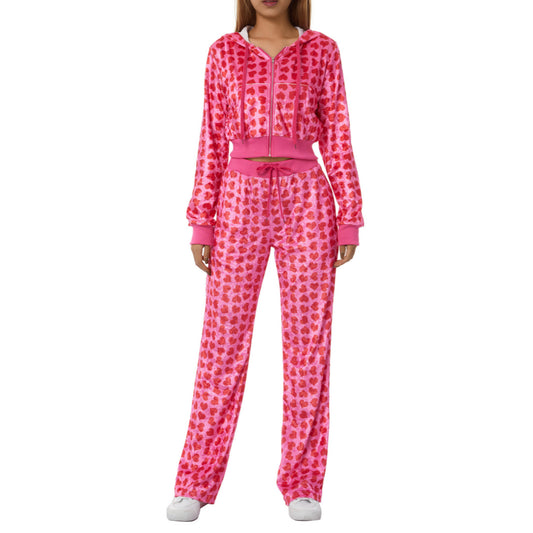 Velvet Pink/Red Heart Print Women's Hoodie Zipper Sports Jacket + Drawstring Sweatpants Tracksuit