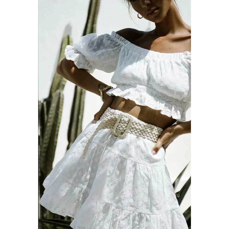 White Lace Ruffled Short Puff Sleeve Off-the-Shoulder Crop Top + Shorts Women's 2-Piece Set
