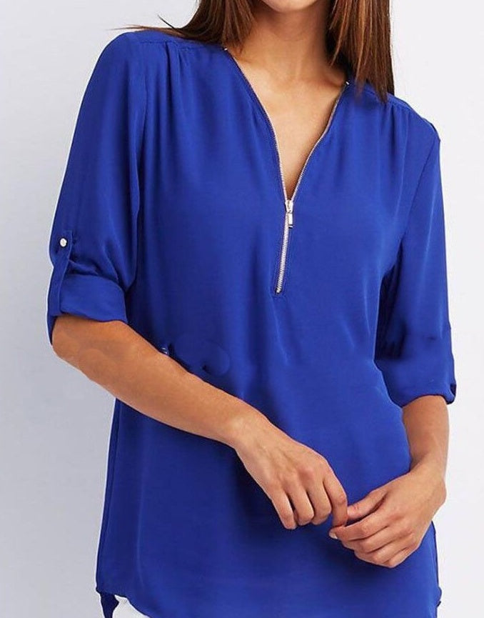 Solid Color V-Neck Short Sleeve Women's Zipper Shirt to 5X Plus Size