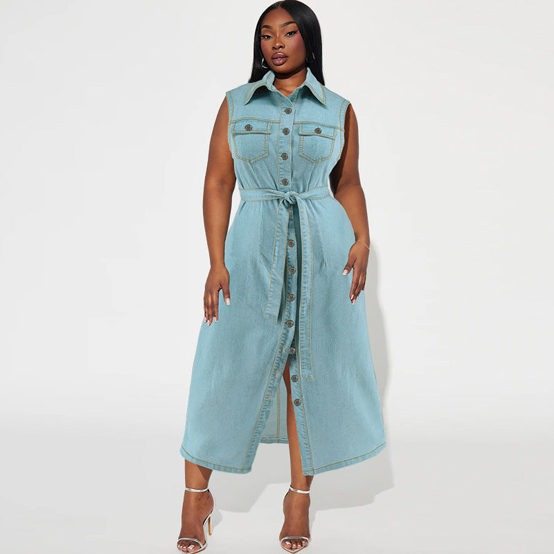 Denim Sleeveless Light Blue Washed Turn-Down Collar Button-Up Sash Belt Maxi Jean Dress to 5X Plus Size