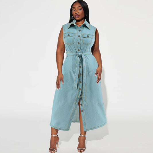 Denim Sleeveless Light Blue Washed Turn-Down Collar Button-Up Sash Belt Maxi Jean Dress to 5X Plus Size