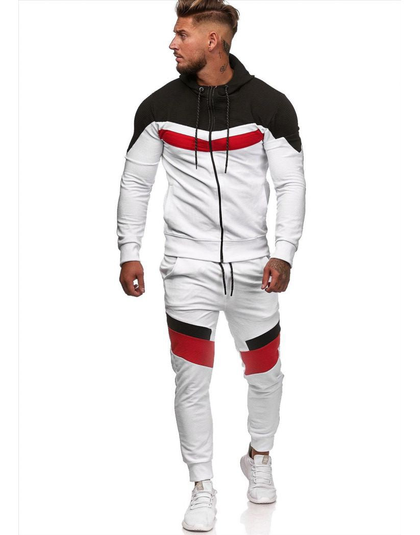 Men's Striped Colorblock Red/Black/White Hip-Hop Zipper Hoodie Jacket + Jogger Sweatpants Tracksuit