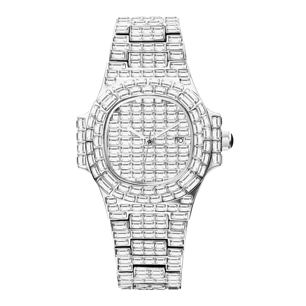 Men's Sparkling Iced Out Square Hot Drill Diamond Gold/Silver High Grade Waterproof Calendar Watch