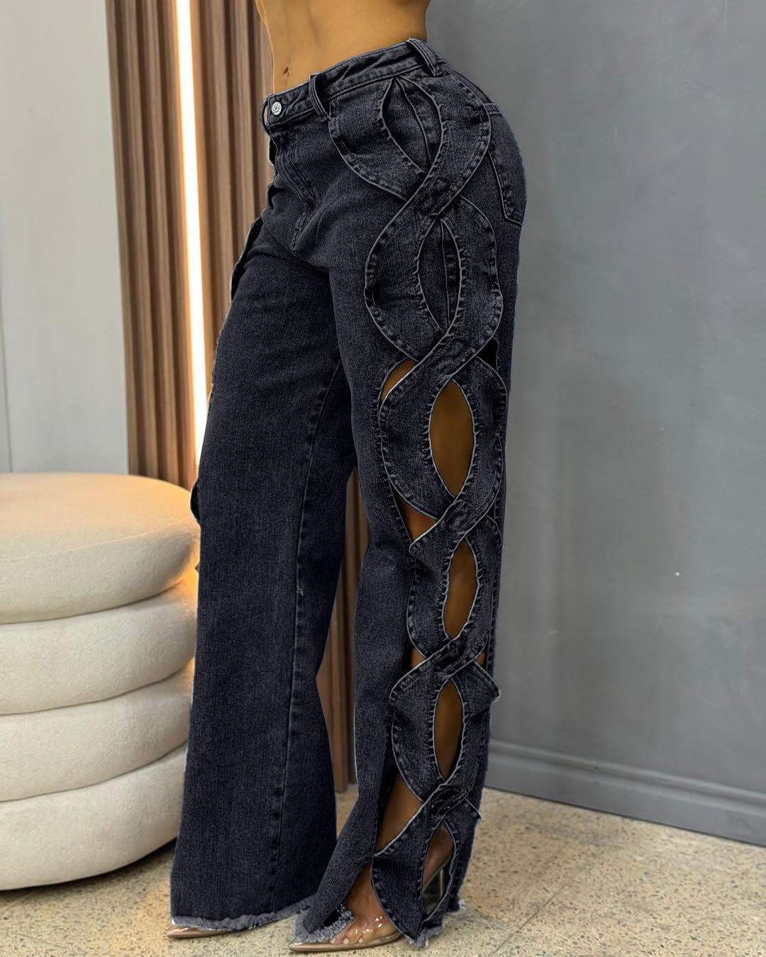 Denim Faded Washed Criss-Cross Side Hollow-Out Pattern Women's Jeans