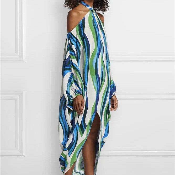 Open Shoulder Rainbow Striped Long Sleeve Loose Maxi Dress