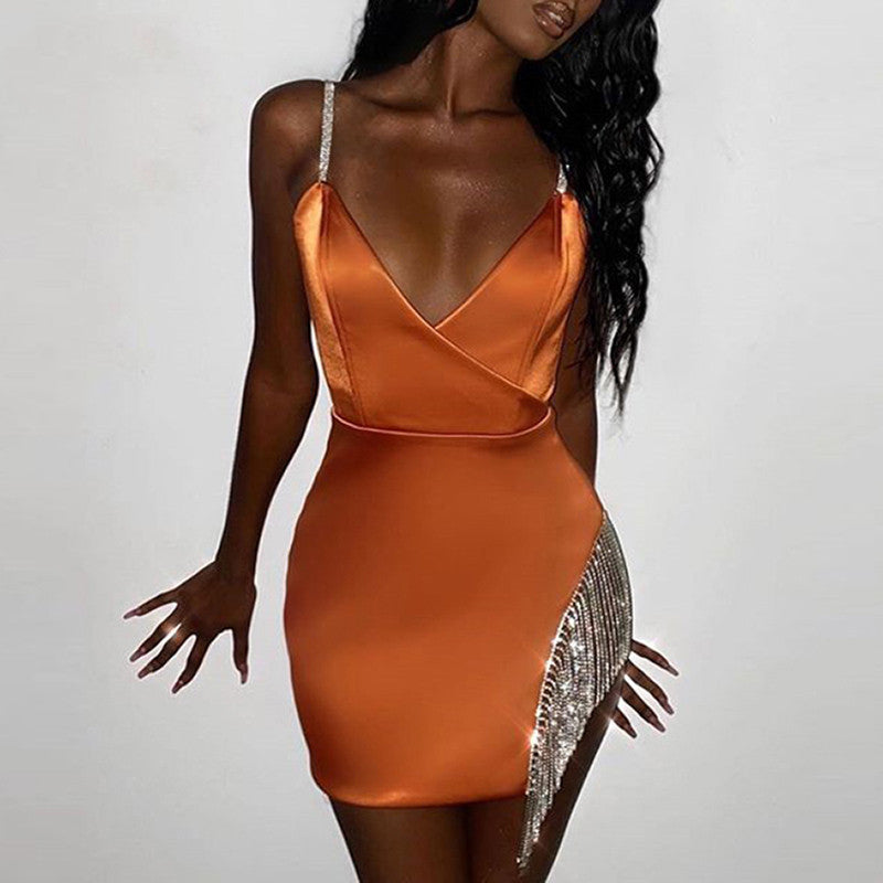Satin Sleeveless Rhinestone Metallic Tassel Fringe Spaghetti Strap V-Neck Side Slit Formal Mini Party Dress