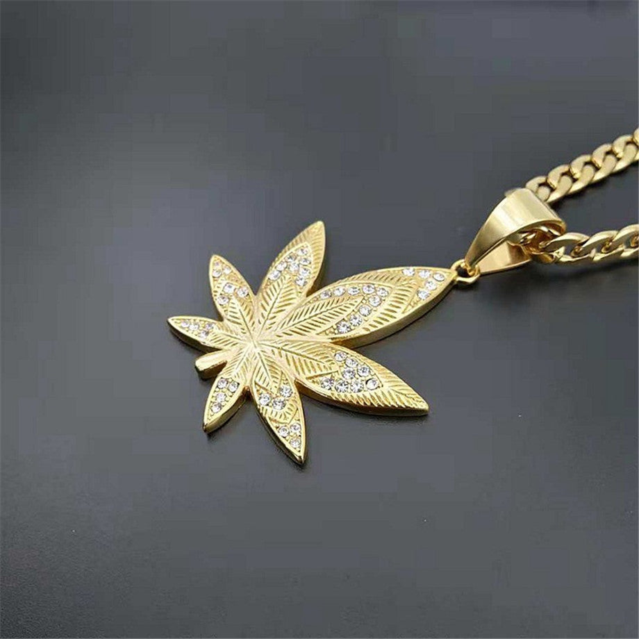 Diamond Ganga Hemp Leaf Pendant Hip-Hop Big Gold Chain Necklace