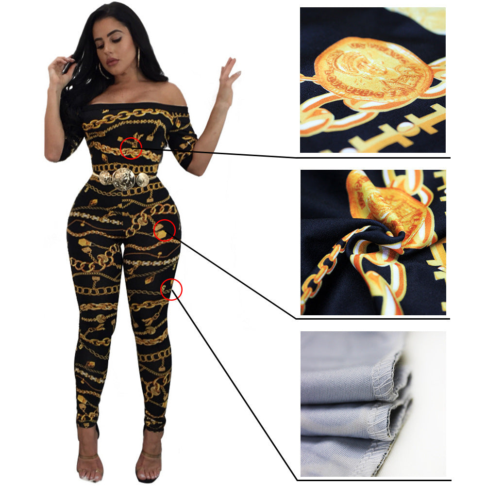 Black/Yellow Baroque Chain Printed Off-the-Shoulder Bodycon Short Sleeve Jumpsuit