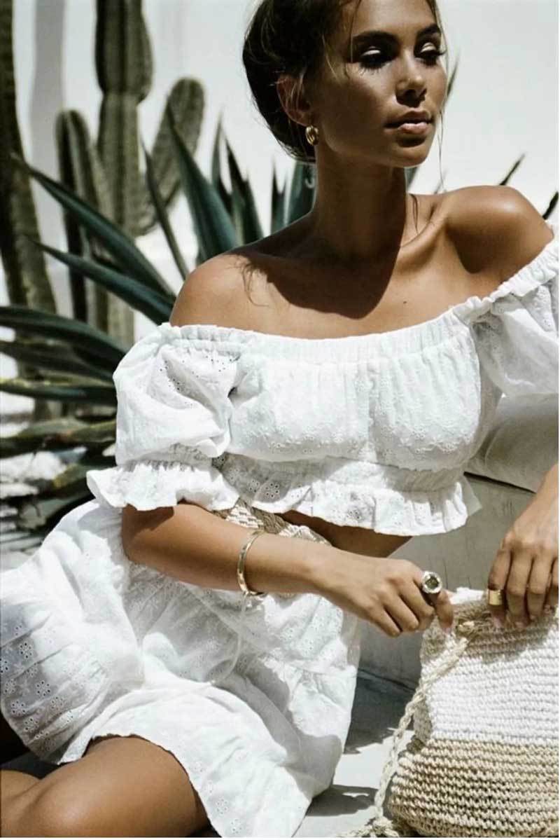 White Lace Ruffled Short Puff Sleeve Off-the-Shoulder Crop Top + Shorts Women's 2-Piece Set