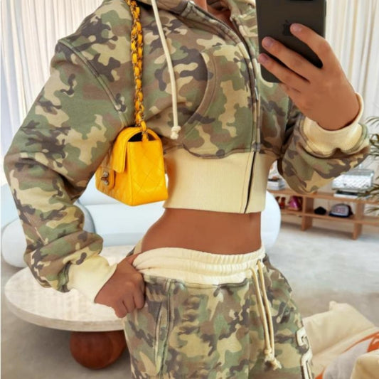 Camoflauge Long Sleeve Crop Zipper Hoodie Sweat Jacket + Drawstring Sweatpants Women's Tracksuit