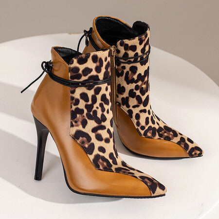 Leopard Colorblock-Black/White Croc Pattern Pointed Toe Stiletto Heel Knight Ankle Boots