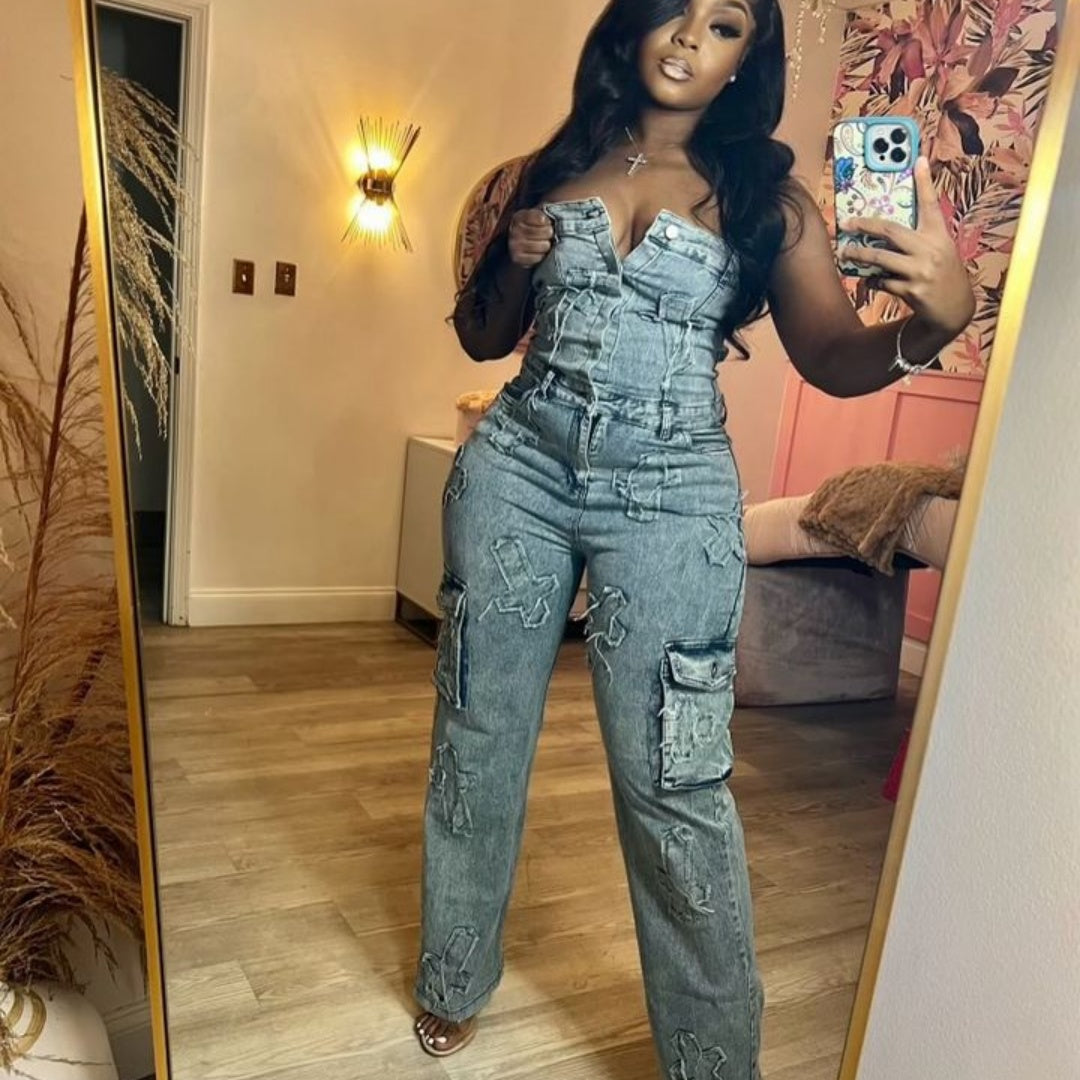 Denim Sky Blue  Stonewashed Faded V-Slit Sleeveless Embroidered Tube Top Women's Cargo Pocketed Jeans Jumpsuit