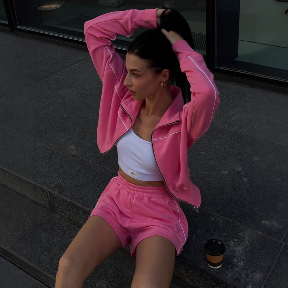 Striped Women's Zipper Sport Jacket + Elastic Shorts Two-Piece Set