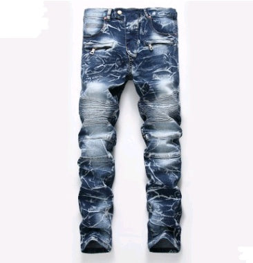 Men's Denim Gradient Washed Ribbed Ruched Ripped Zipper Pocket Skinny Jeans
