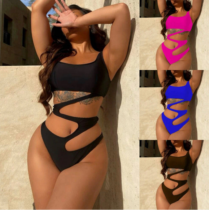 Hollow-Out Pattern One-Piece Solid Color Swimsuit