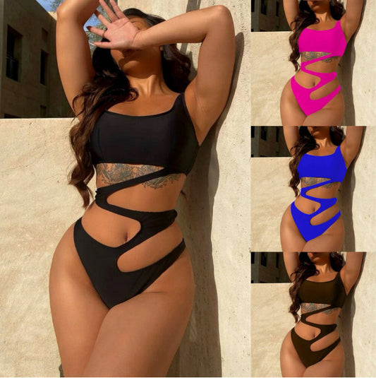 Hollow-Out Pattern One-Piece Solid Color Swimsuit